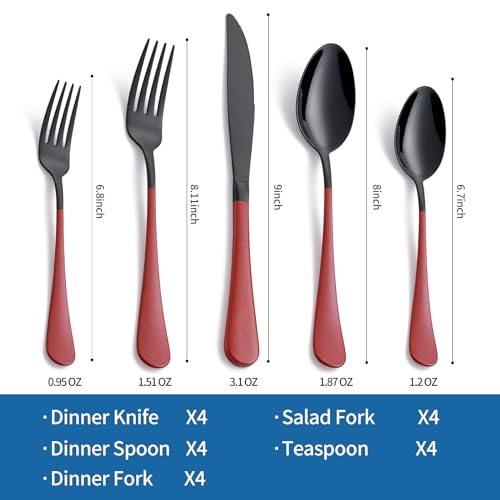 Onlycooker 20-Piece Red Silverware Set 18/0 Stainless Steel Black Silverware Set Red Handle Cutlery Black Set Service for 4 Dinner Knives Forks Spoons Set Black Flatware SetFinish Dishwasher Safe - Image 2