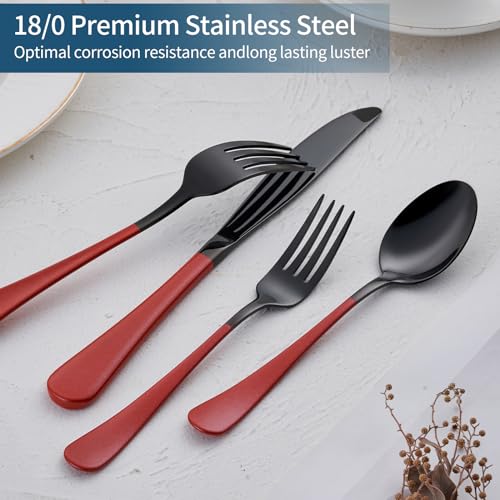Onlycooker 20-Piece Red Silverware Set 18/0 Stainless Steel Black Silverware Set Red Handle Cutlery Black Set Service for 4 Dinner Knives Forks Spoons Set Black Flatware SetFinish Dishwasher Safe - Image 4
