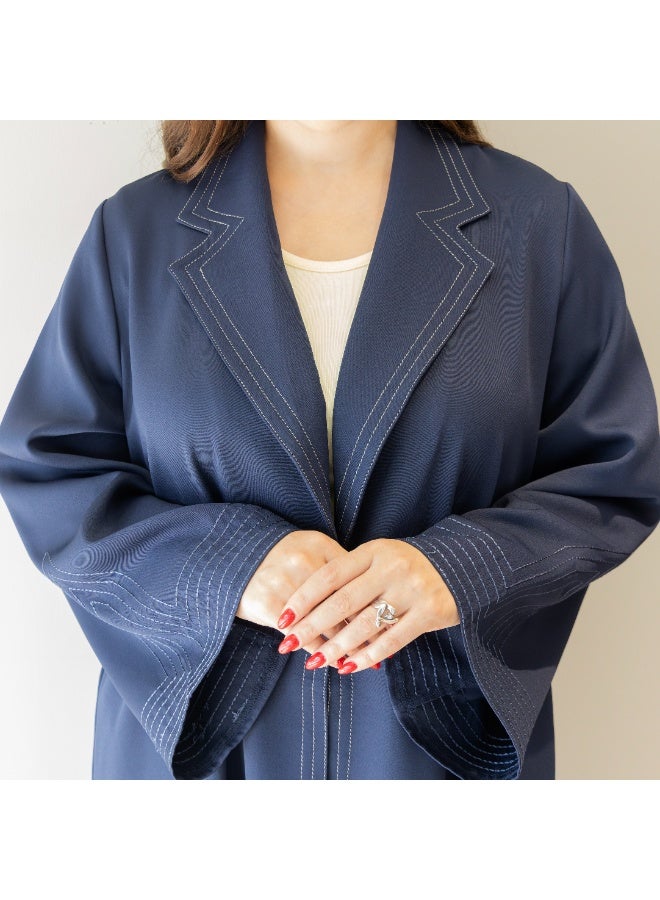 LINELLE عباءة لينيل زرقاء داكنة بياقة - تصميم أنيق مفتوح من الأمام مع إغلاق بأزرار وتفاصيل خياطة، ملابس يومية ومناسبات محتشمة - Image 4