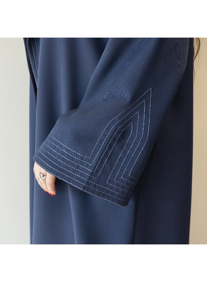 LINELLE عباءة لينيل زرقاء داكنة بياقة - تصميم أنيق مفتوح من الأمام مع إغلاق بأزرار وتفاصيل خياطة، ملابس يومية ومناسبات محتشمة - Image 5