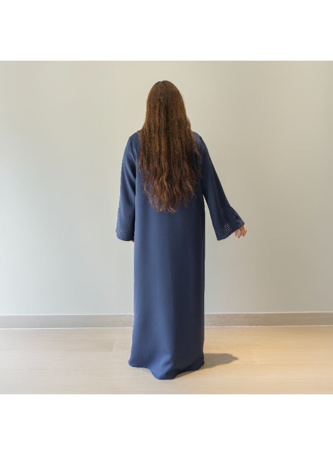 LINELLE عباءة لينيل زرقاء داكنة بياقة - تصميم أنيق مفتوح من الأمام مع إغلاق بأزرار وتفاصيل خياطة، ملابس يومية ومناسبات محتشمة - Image 3