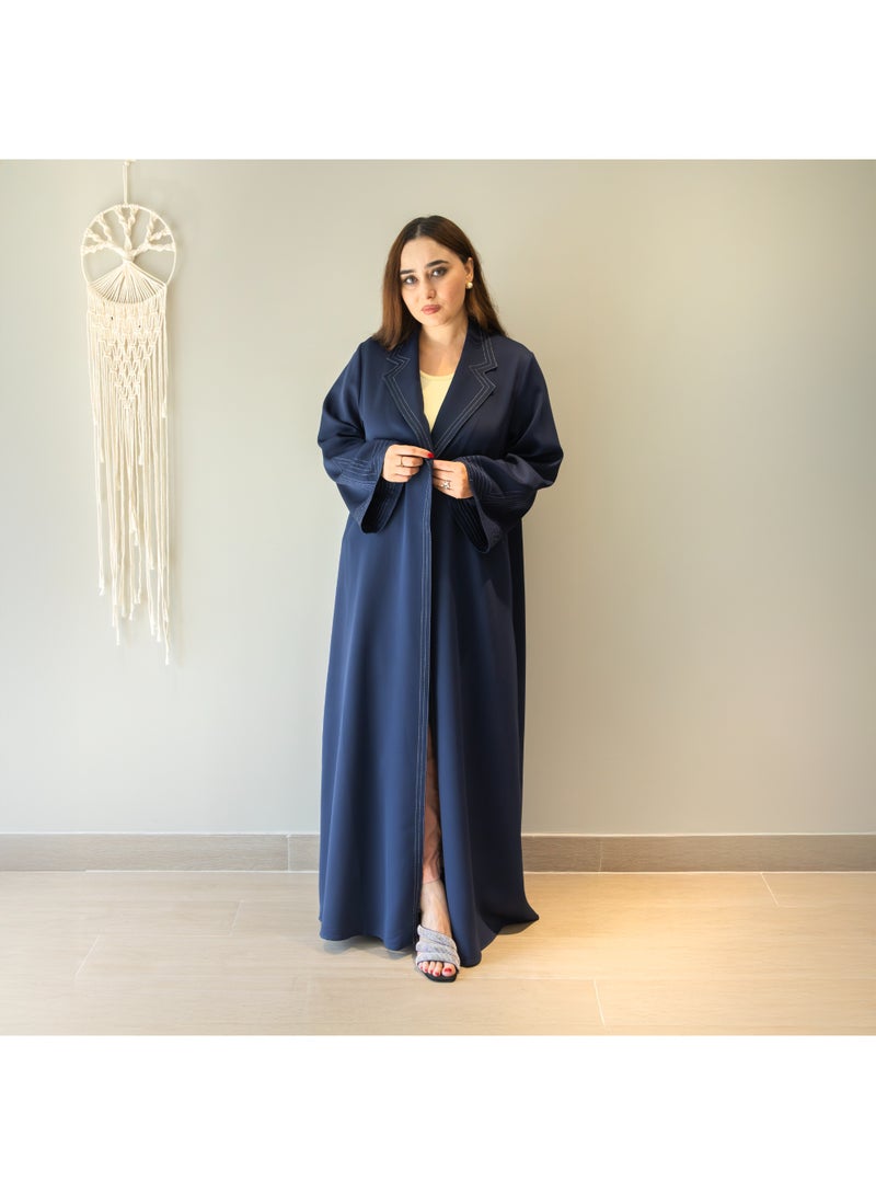LINELLE عباءة لينيل زرقاء داكنة بياقة - تصميم أنيق مفتوح من الأمام مع إغلاق بأزرار وتفاصيل خياطة، ملابس يومية ومناسبات محتشمة - Image 1