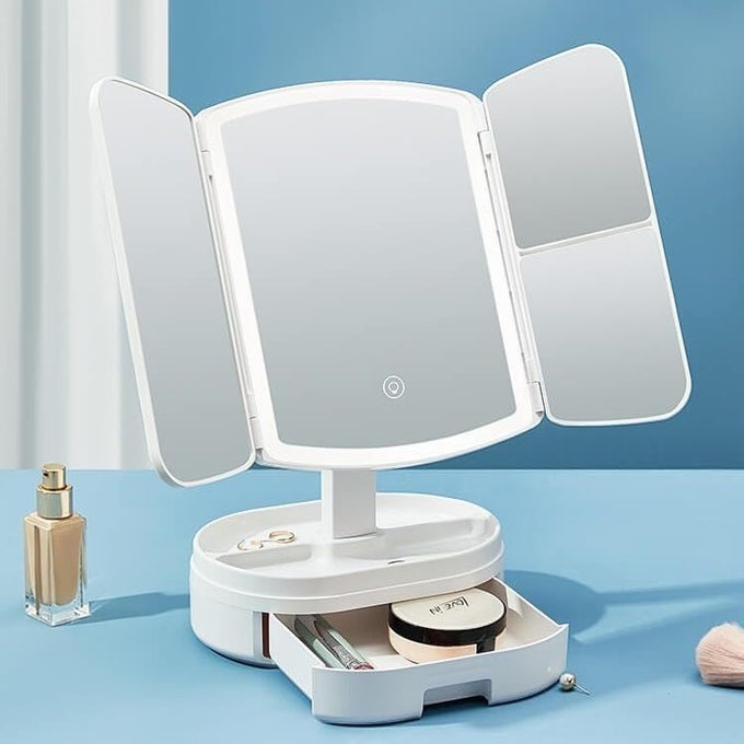 COSMETIC MIRROR WITH LIGHTS VANITY MIRROR BATHROOM ADJUSTABLE BRIGHTNESS MIRROR 1X2X3XMAGNIFICATION AND TOUCH SCREEN TRIFOLDING COSMETIC MIRROR UNIQUE SHAPE GIFTS FOR WOMEN WHITE