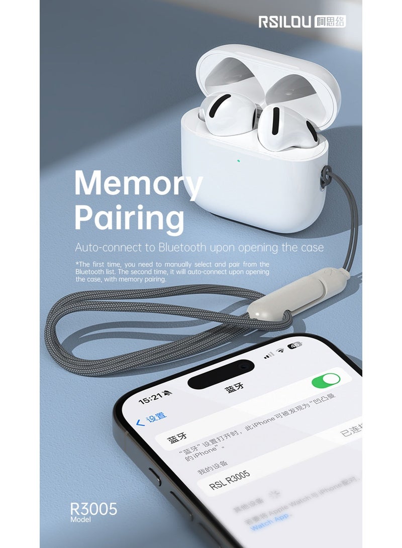 RSILOU - R3005 True Wireless Stereo Earphones – 13mm Oversized Drivers, Bluetooth V5.3, Type-C Fast Charging, 5.5 Hours Playback (Up to 26 Hours with Case), Deep Bass & Clear Sound – White - Image 5