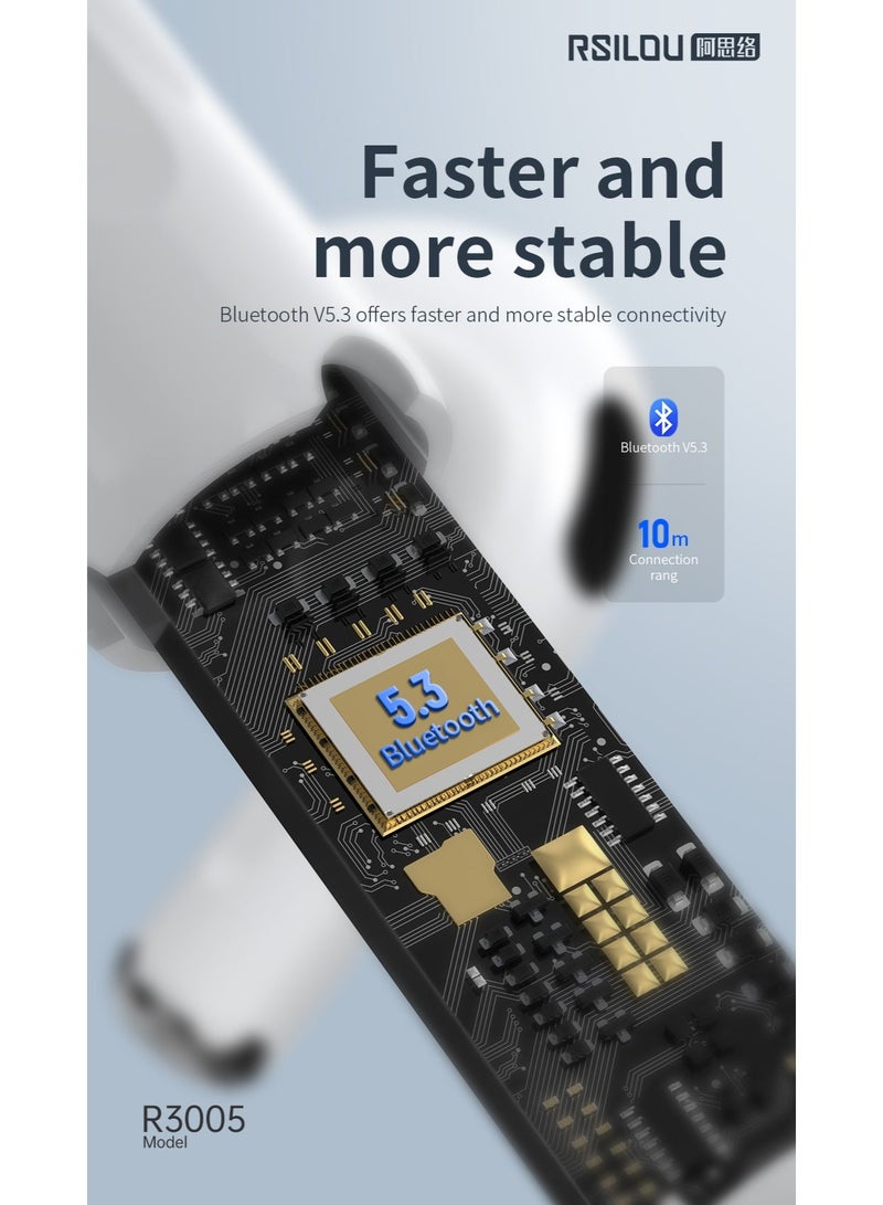 RSILOU - R3005 True Wireless Stereo Earphones – 13mm Oversized Drivers, Bluetooth V5.3, Type-C Fast Charging, 5.5 Hours Playback (Up to 26 Hours with Case), Deep Bass & Clear Sound – White - Image 4