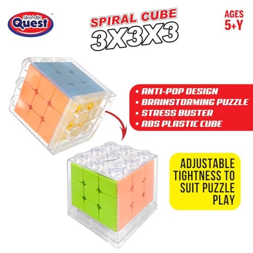Skoodle Quest Spiral Stickerless Cube 3X3X3 with Transparent Case| Fast & Smooth Speedcube Puzzle | Stress Buster & Brain Teaser for Kids & Adult | Anti-Pop & Durable | Multi - Image 5