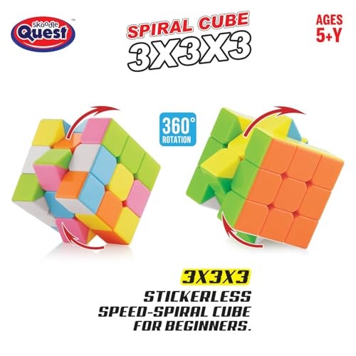 Skoodle Quest Spiral Stickerless Cube 3X3X3 with Transparent Case| Fast & Smooth Speedcube Puzzle | Stress Buster & Brain Teaser for Kids & Adult | Anti-Pop & Durable | Multi - Image 4