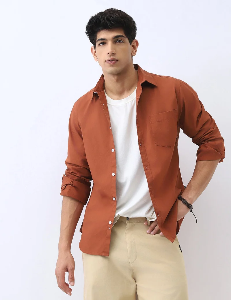 Urbano Fashion  Urbano Fashion Men's Rust Cotton Full Sleeve Regular Fit Casual Solid Shirt  | Best Price UAE