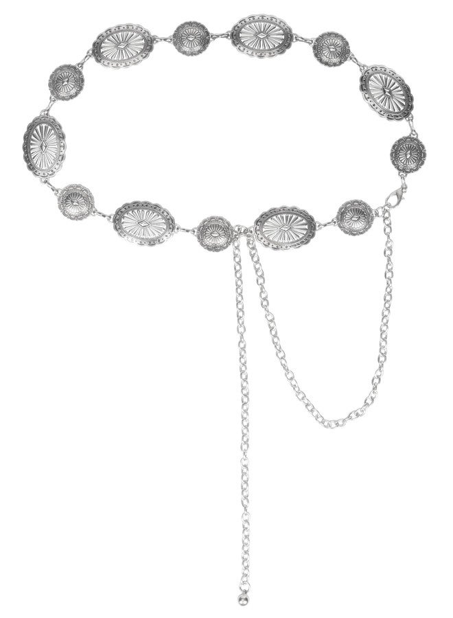 WAYLIT Western-Concho-Belt-Women Cowgirl-Metal-Belts Boho Silver Vintage Turquoise Chain Belt for Dress Jeans, Carved Silver, Length 51.1" (29.5"+extended chain 21.6") - Image 1