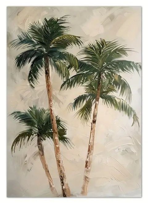 A modern, beautiful, elegant, watercolor canvas wall art, a soft, sophisticated picture of a group of palm trees, an Arabic-inspired color, a bright and relaxing painting. The painting, without any frame, is considered an elegant decorative element for the home or even in the hotel corridors, bedroom, guest room, meeting room, Bedouin tent, office, popular cafe, old traditional restaurants, hospital corridors, kitchen, next to the coffee corner, or an ideal artistic gift for special people. It can be given to a person in the old mud house council, or to an elderly man or woman, or in Ramadan. You can add a wooden frame to it, or you can even hang the painting with clips without any frame. Its size is 30*40 cm without a frame
