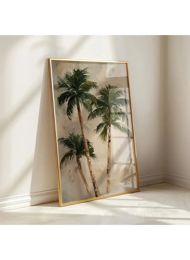 A modern, beautiful, elegant, watercolor canvas wall art, a soft, sophisticated picture of a group of palm trees, an Arabic-inspired color, a bright and relaxing painting. The painting, without any frame, is considered an elegant decorative element for the home or even in the hotel corridors, bedroom, guest room, meeting room, Bedouin tent, office, popular cafe, old traditional restaurants, hospital corridors, kitchen, next to the coffee corner, or an ideal artistic gift for special people. It can be given to a person in the old mud house council, or to an elderly man or woman, or in Ramadan. You can add a wooden frame to it, or you can even hang the painting with clips without any frame. Its size is 30*40 cm without a frame