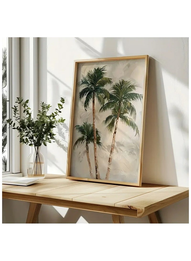 A modern, beautiful, elegant, watercolor canvas wall art, a soft, sophisticated picture of a group of palm trees, an Arabic-inspired color, a bright and relaxing painting. The painting, without any frame, is considered an elegant decorative element for the home or even in the hotel corridors, bedroom, guest room, meeting room, Bedouin tent, office, popular cafe, old traditional restaurants, hospital corridors, kitchen, next to the coffee corner, or an ideal artistic gift for special people. It can be given to a person in the old mud house council, or to an elderly man or woman, or in Ramadan. You can add a wooden frame to it, or you can even hang the painting with clips without any frame. Its size is 30*40 cm without a frame