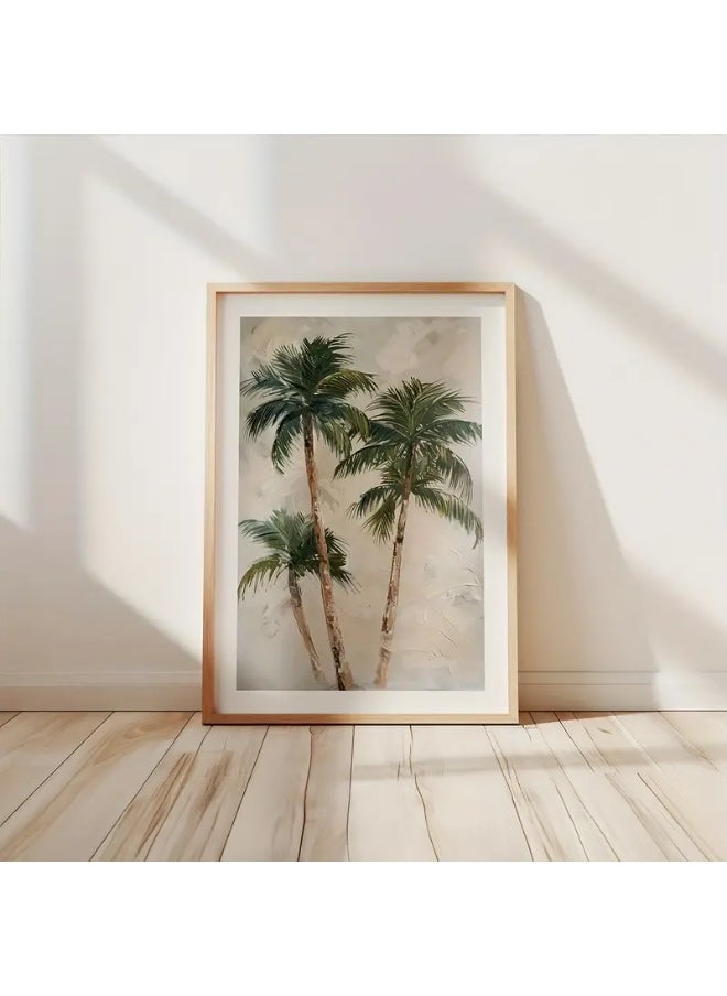 A modern, beautiful, elegant, watercolor canvas wall art, a soft, sophisticated picture of a group of palm trees, an Arabic-inspired color, a bright and relaxing painting. The painting, without any frame, is considered an elegant decorative element for the home or even in the hotel corridors, bedroom, guest room, meeting room, Bedouin tent, office, popular cafe, old traditional restaurants, hospital corridors, kitchen, next to the coffee corner, or an ideal artistic gift for special people. It can be given to a person in the old mud house council, or to an elderly man or woman, or in Ramadan. You can add a wooden frame to it, or you can even hang the painting with clips without any frame. Its size is 30*40 cm without a frame