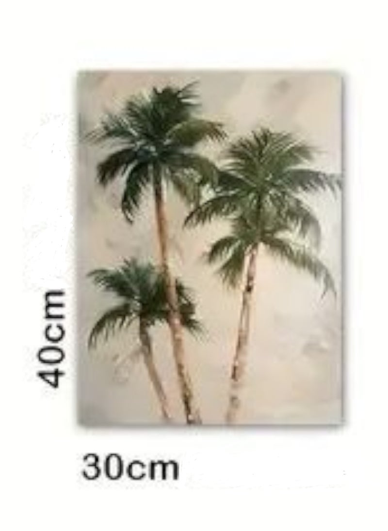 A modern, beautiful, elegant, watercolor canvas wall art, a soft, sophisticated picture of a group of palm trees, an Arabic-inspired color, a bright and relaxing painting. The painting, without any frame, is considered an elegant decorative element for the home or even in the hotel corridors, bedroom, guest room, meeting room, Bedouin tent, office, popular cafe, old traditional restaurants, hospital corridors, kitchen, next to the coffee corner, or an ideal artistic gift for special people. It can be given to a person in the old mud house council, or to an elderly man or woman, or in Ramadan. You can add a wooden frame to it, or you can even hang the painting with clips without any frame. Its size is 30*40 cm without a frame