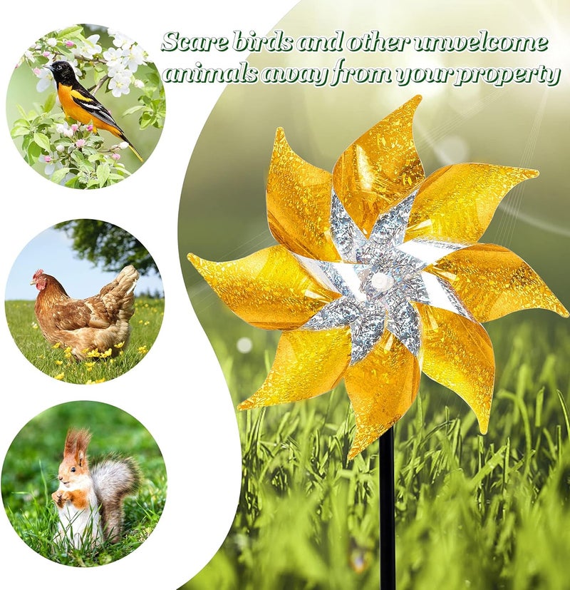 Hausse 10 Pack Reflective Pinwheels with Stakes, Extra Sparkly Pin Wheel for Garden Decor, Bird Repellent Devices Deterrent to Scare Birds Away from Yard Patio Farm, Golden - Image 5