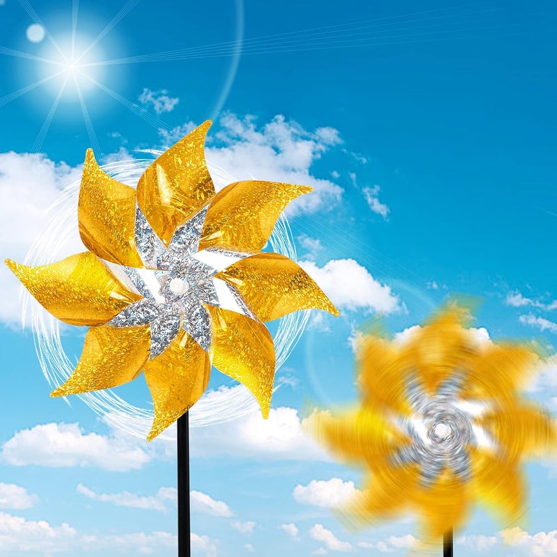 Hausse 10 Pack Reflective Pinwheels with Stakes, Extra Sparkly Pin Wheel for Garden Decor, Bird Repellent Devices Deterrent to Scare Birds Away from Yard Patio Farm, Golden - Image 4