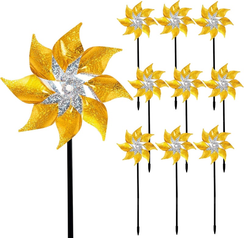 Hausse 10 Pack Reflective Pinwheels with Stakes, Extra Sparkly Pin Wheel for Garden Decor, Bird Repellent Devices Deterrent to Scare Birds Away from Yard Patio Farm, Golden - Image 1