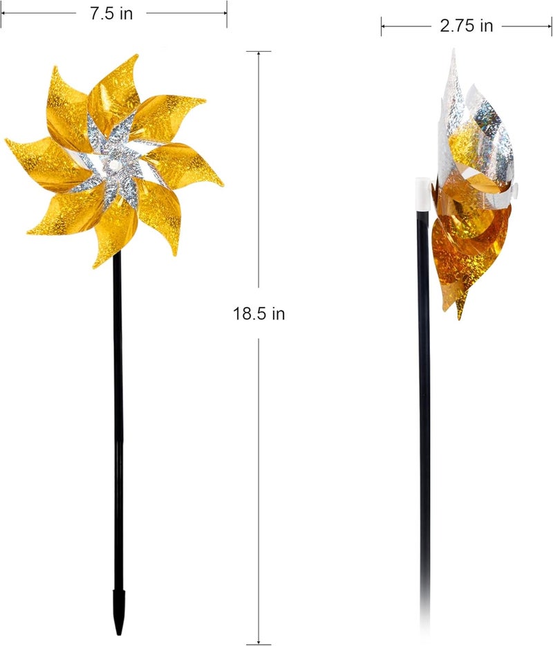 Hausse 10 Pack Reflective Pinwheels with Stakes, Extra Sparkly Pin Wheel for Garden Decor, Bird Repellent Devices Deterrent to Scare Birds Away from Yard Patio Farm, Golden - Image 2