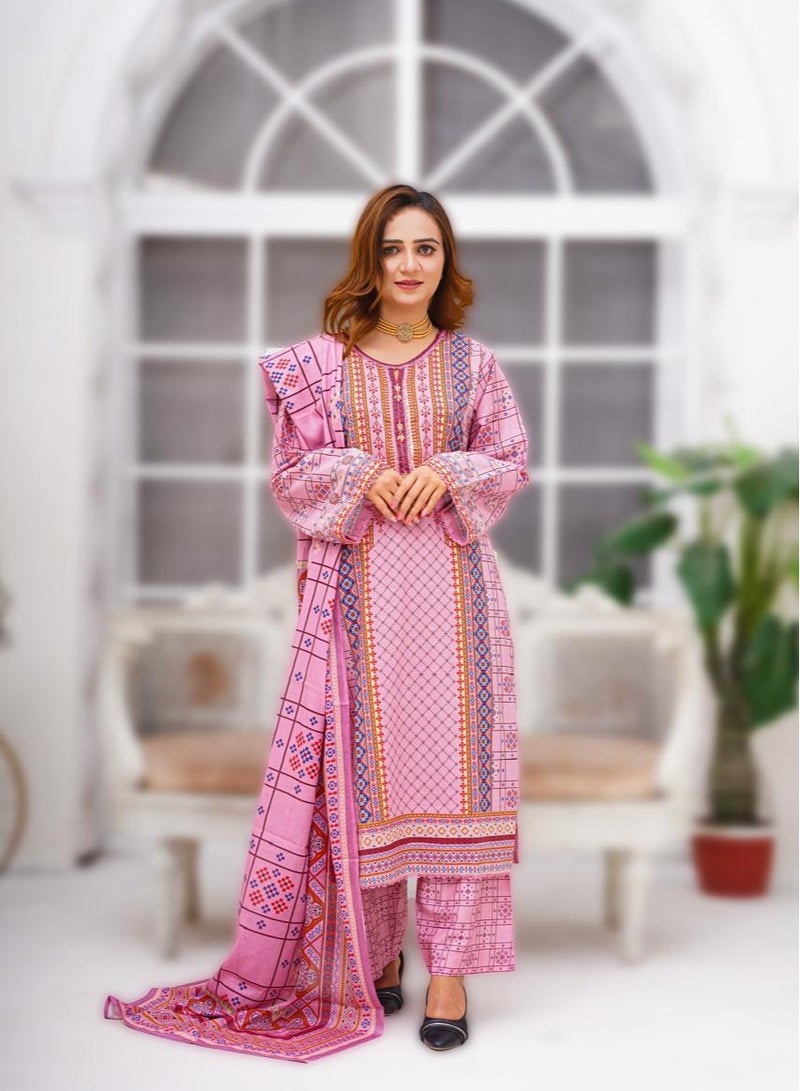 وينشيلز شالوار قميص مطبوع - ملابس باكستانية أنيقة ومريحة باللون الوردي - مقاس كبير - Image 1