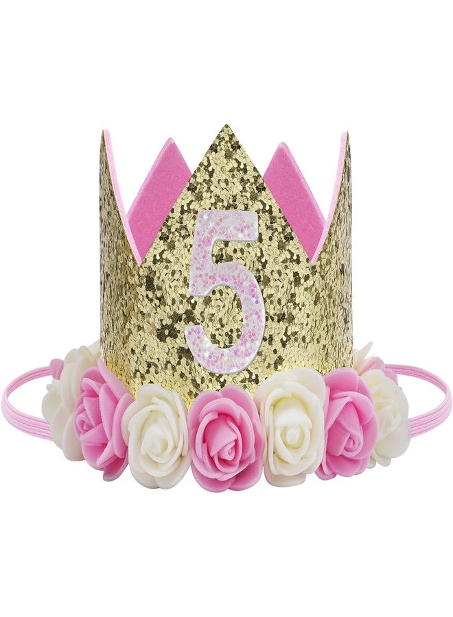 Haomaomao Baby Birthday Crown Princess Tiara Girls Party Hat With Gold Glitter and Pink Roses for Birthday Party Decorations - Image 1