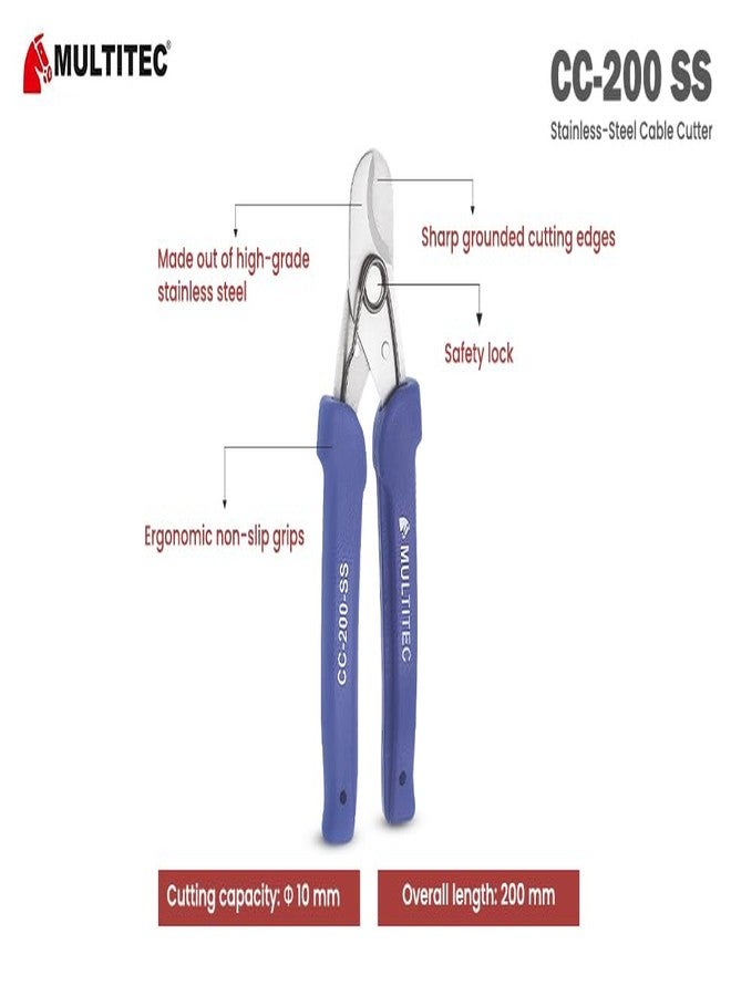 Multitec Industries Ltd MULTITEC CC-200-SS Wire Cutter & Stripper | Stainless Steel 2-in-1 Electrical Hand Tool for Home & Industrial Use | Manual Cable Stripping & Cutting Tool with Ergonomic Grip and Safety Lock - Image 2