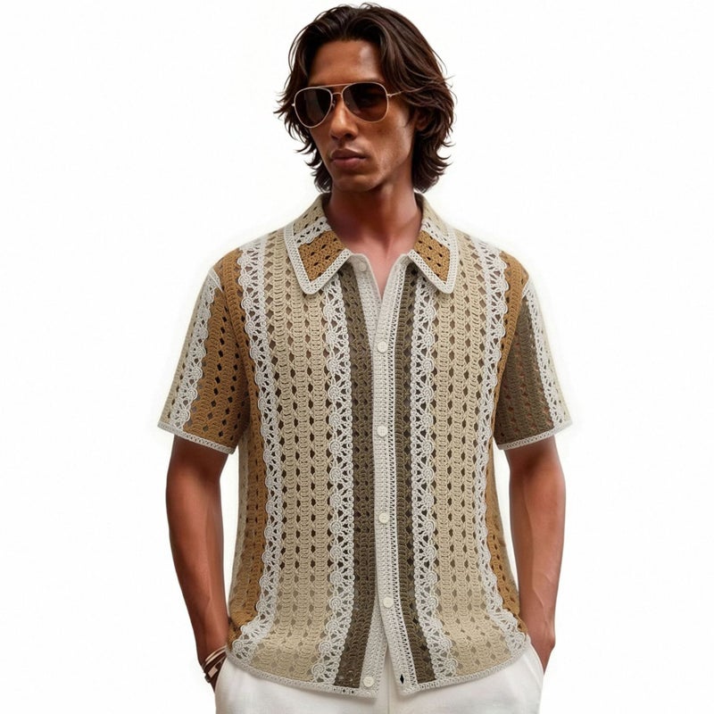 Men's Striped Short Sleeve Knit Polo Shirt - Lightweight, Hollow Out, Acrylic - Image 1