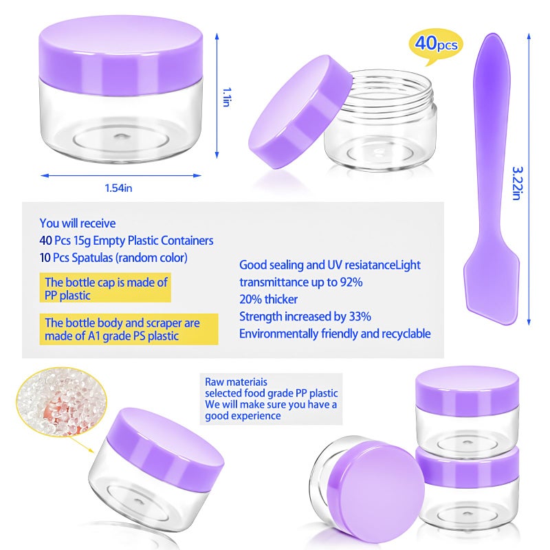 MotBach 40 PCS 15g Plastic Containers with Colored Lids, Small Makeup Containers, 0.5oz Round Travel Cosmetic Jars with Spatulas for Liquid, Powder, Cream, Lotion - Image 2