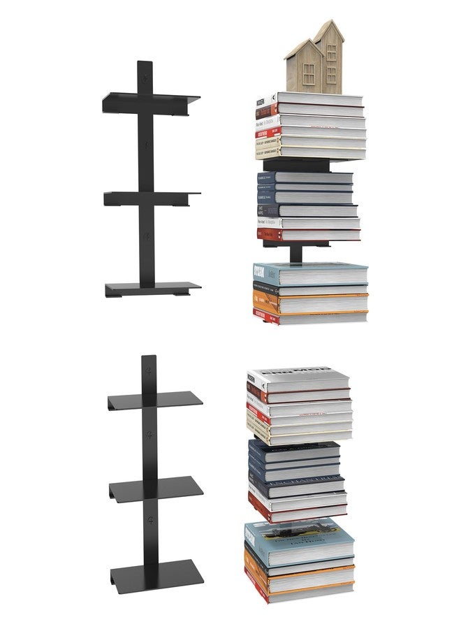 XINWXSS Floating Invisible Bookshelves for Wall, 6 Tier Heavy Duty Metal, 2 Pack Black Vertical Spine Book Tower, Wall Mounted Storage for Home Office & Indoor Spaces - Image 1