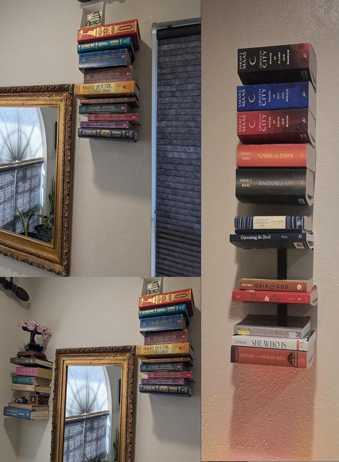XINWXSS Floating Invisible Bookshelves for Wall, 6 Tier Heavy Duty Metal, 2 Pack Black Vertical Spine Book Tower, Wall Mounted Storage for Home Office & Indoor Spaces - Image 2