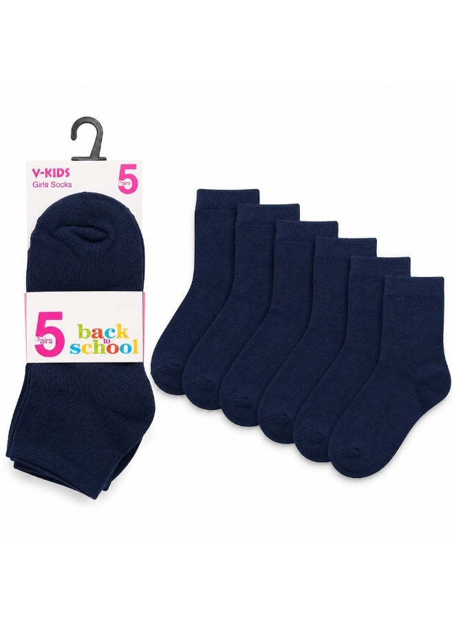Girls Cotton School Uniform Socks, 5-Pair Pack, Navy - Image 1