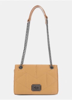 DejaVu Lock Closure Quilted Cross Body Bag - Camel  - Image 1