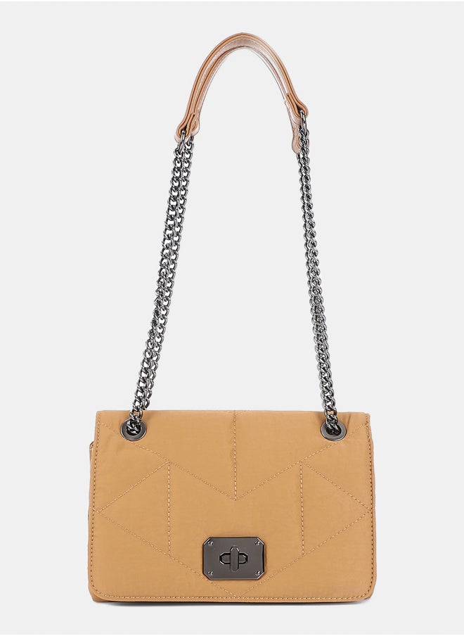 DejaVu Lock Closure Quilted Cross Body Bag - Camel  - Image 1