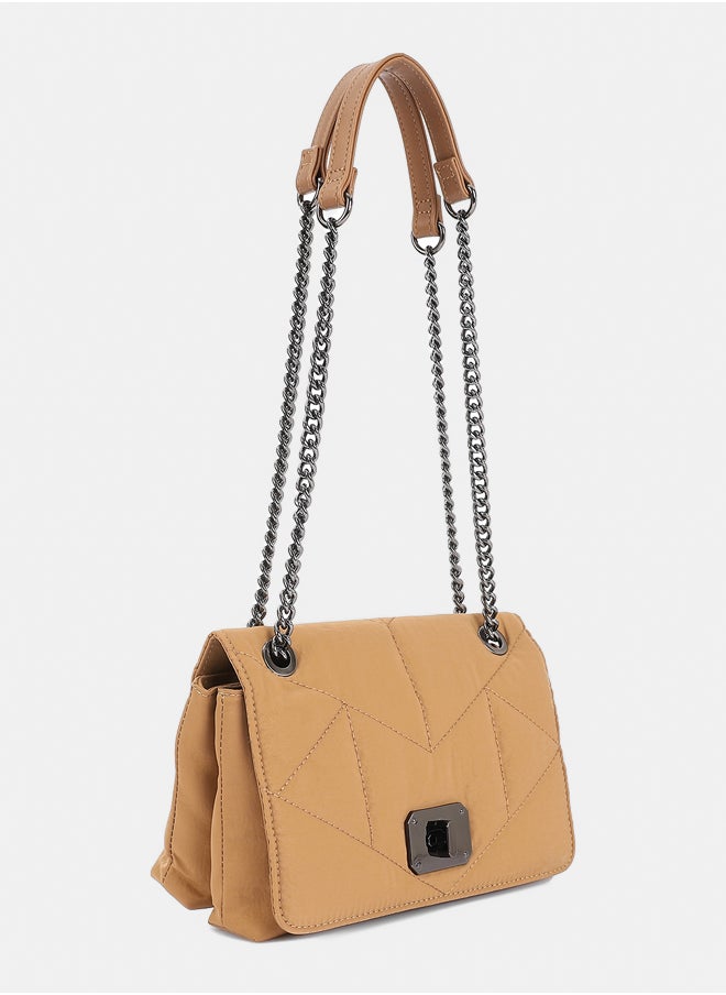 DejaVu Lock Closure Quilted Cross Body Bag - Camel  - Image 2
