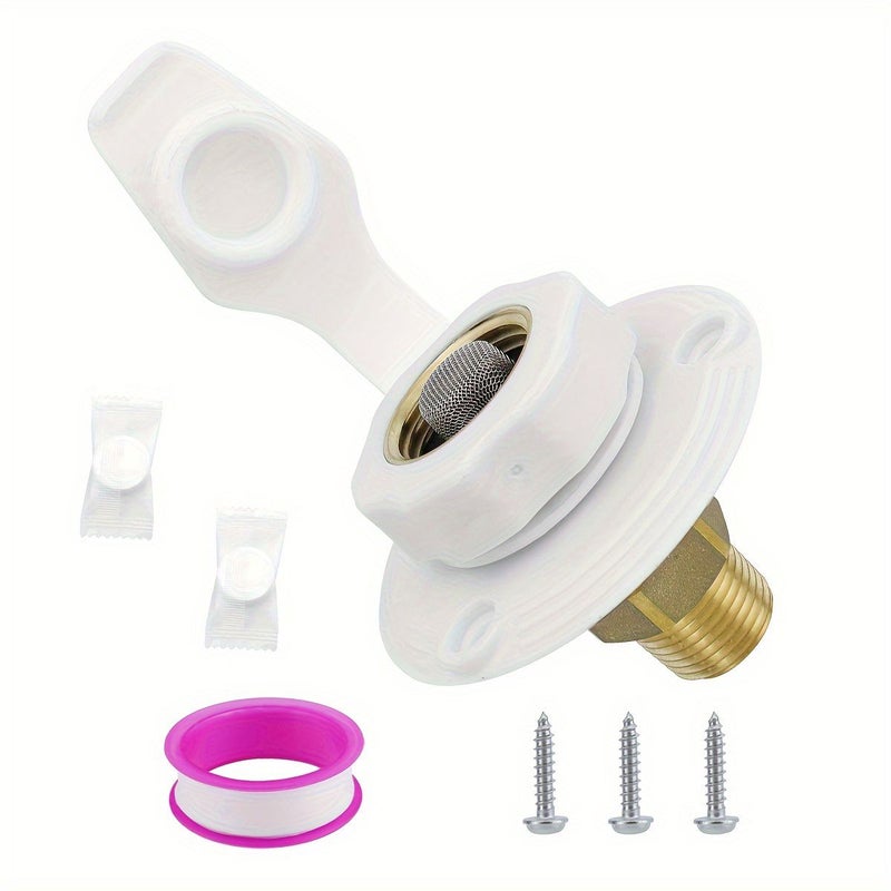 White RV City Water Inlet with Check Valve 3/4 NH Female to 1/2 NPT Male Brass Flange Fresh Water Connection with Dust Plug for RV Camper Motorhome Trailer Marine - Image 1