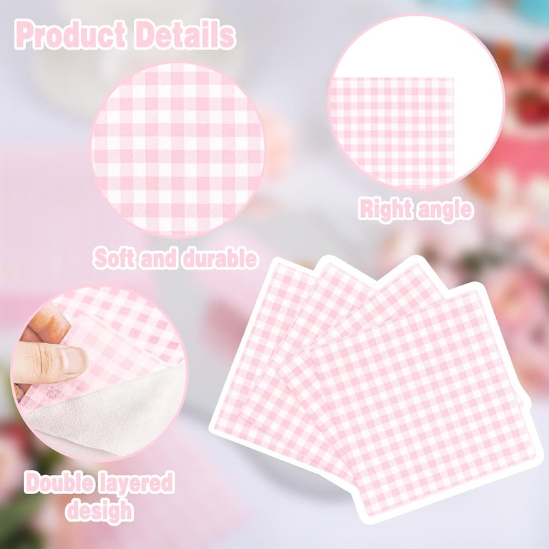 FLOWERCAT 100-Count 2-Ply Pink Checkered Cocktail Napkins Checkered - Pink Cocktail Napkins Disposable Premium Quality- 5“ x 5" Paper Napkins for Easter Party,Bar,Birthday,Mother's Day - Image 3