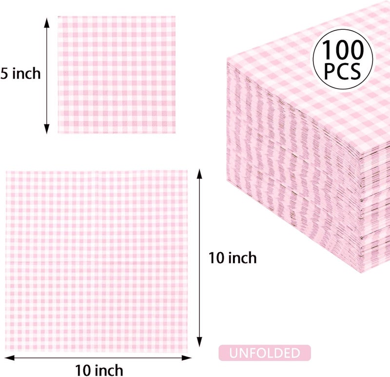 FLOWERCAT 100-Count 2-Ply Pink Checkered Cocktail Napkins Checkered - Pink Cocktail Napkins Disposable Premium Quality- 5“ x 5" Paper Napkins for Easter Party,Bar,Birthday,Mother's Day - Image 2