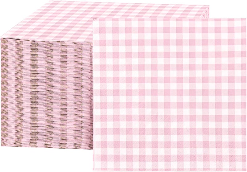 FLOWERCAT 100-Count 2-Ply Pink Checkered Cocktail Napkins Checkered - Pink Cocktail Napkins Disposable Premium Quality- 5“ x 5" Paper Napkins for Easter Party,Bar,Birthday,Mother's Day - Image 1