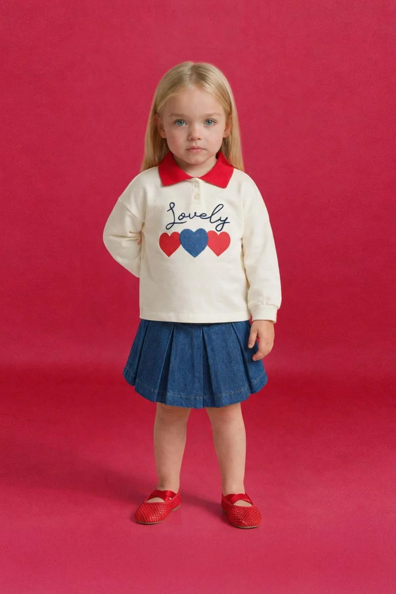 DeFacto Baby Girl Oversize Fit Polo Collar Printed Sweatshirt