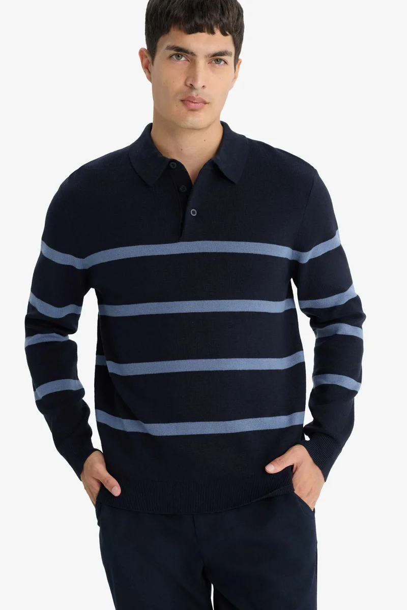 ديفاكتو Standard Fit Polo Neck Striped Knit Pullover