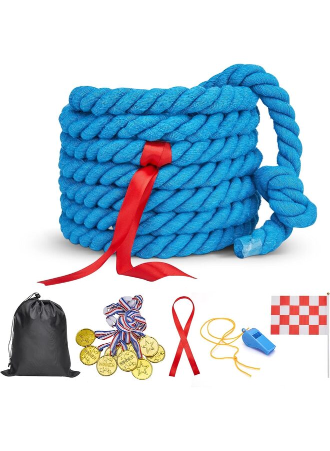 LAMAY Tug of War Rope with Flag for Students and Adults, Soft Cotton Battle Rope for Field Activities, Outdoor Camping Picnic Games, and Team Building Activities (Blue, 19.69 ft) - Image 1