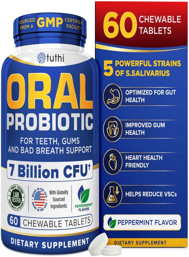 Tuthi Oral Probiotics for Mouth Bad Breath Treatment for Adults - Dental Probiotics for Teeth and Gums - Oral Health Probiotics - 60 Lozenges Peppermint Flavor - Image 1