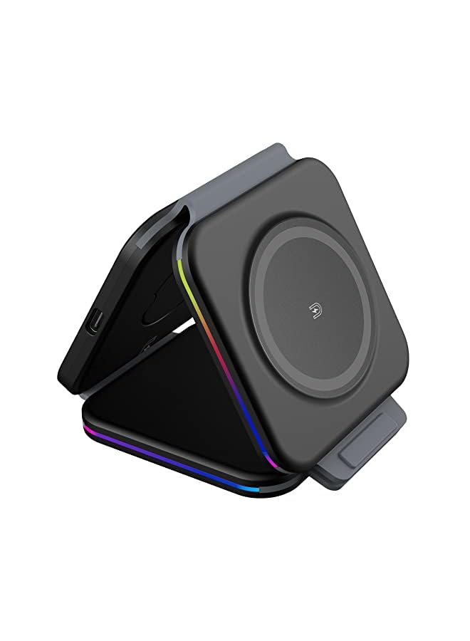 PROMASS 3 in 1 Magnetic Portable Wireless Fast Charger Pad- Compatible with Mobile Phones, Earphones & Smart Watches, 15 W, USB Charging Cable, Type-C Connector, Colour: Black - Image 2