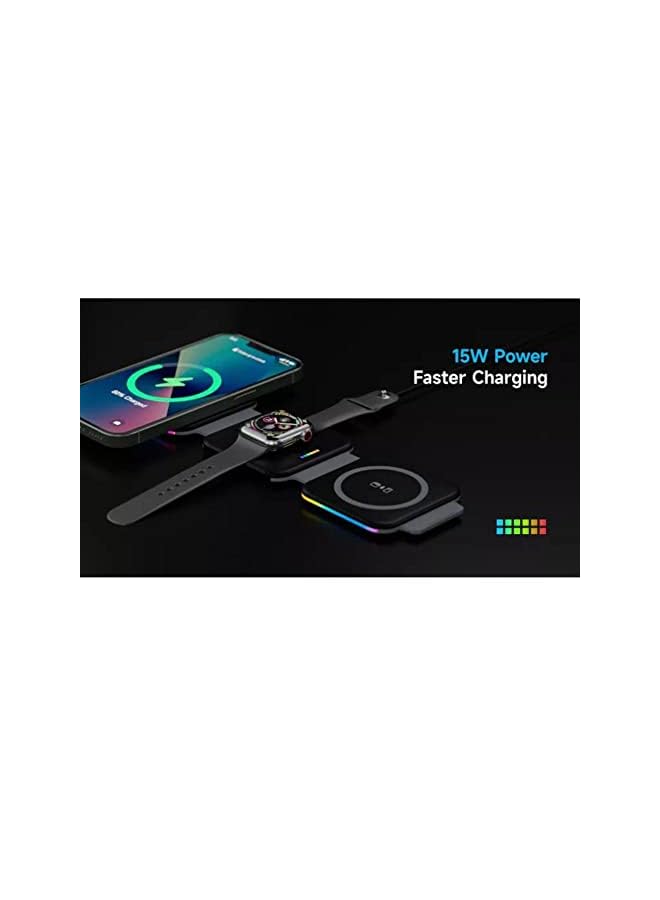 PROMASS 3 in 1 Magnetic Portable Wireless Fast Charger Pad- Compatible with Mobile Phones, Earphones & Smart Watches, 15 W, USB Charging Cable, Type-C Connector, Colour: Black - Image 4