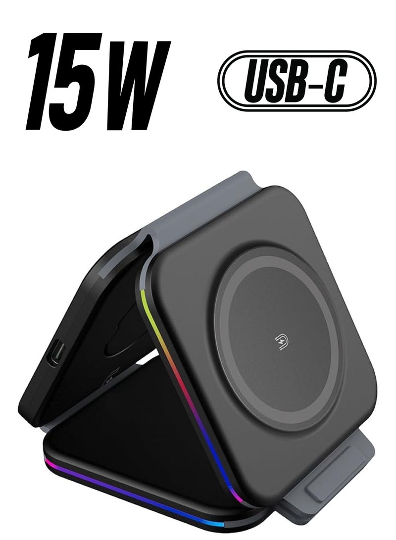 PROMASS 3 in 1 Magnetic Portable Wireless Fast Charger Pad- Compatible with Mobile Phones, Earphones & Smart Watches, 15 W, USB Charging Cable, Type-C Connector, Colour: Black - Image 1