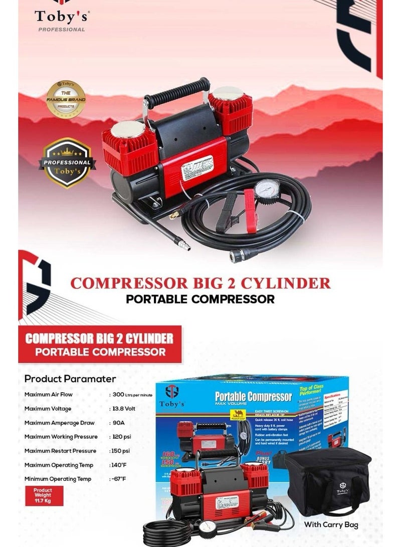 Toby's Dual Cylinder Car Air Compressor Ultra Extreme 4x4 Tire Super Air Flow Portable 300 Litter-Mints 150 PSI 12V Tire Inflator for Car,Truck, Bicycle & Other Inflatables With Carry Bag Color RED  - Image 2