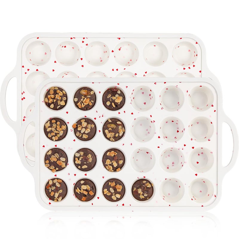 CAKETIME Mini Muffin Pan, Metal Reinforced Frame Mini Cupcake Pans 24 Cups Nonstick Muffin Silicone Molds with Handle for Baking Muffins, Cupcakes, Egg Bites 2 Pack Heart-Shaped - Image 1