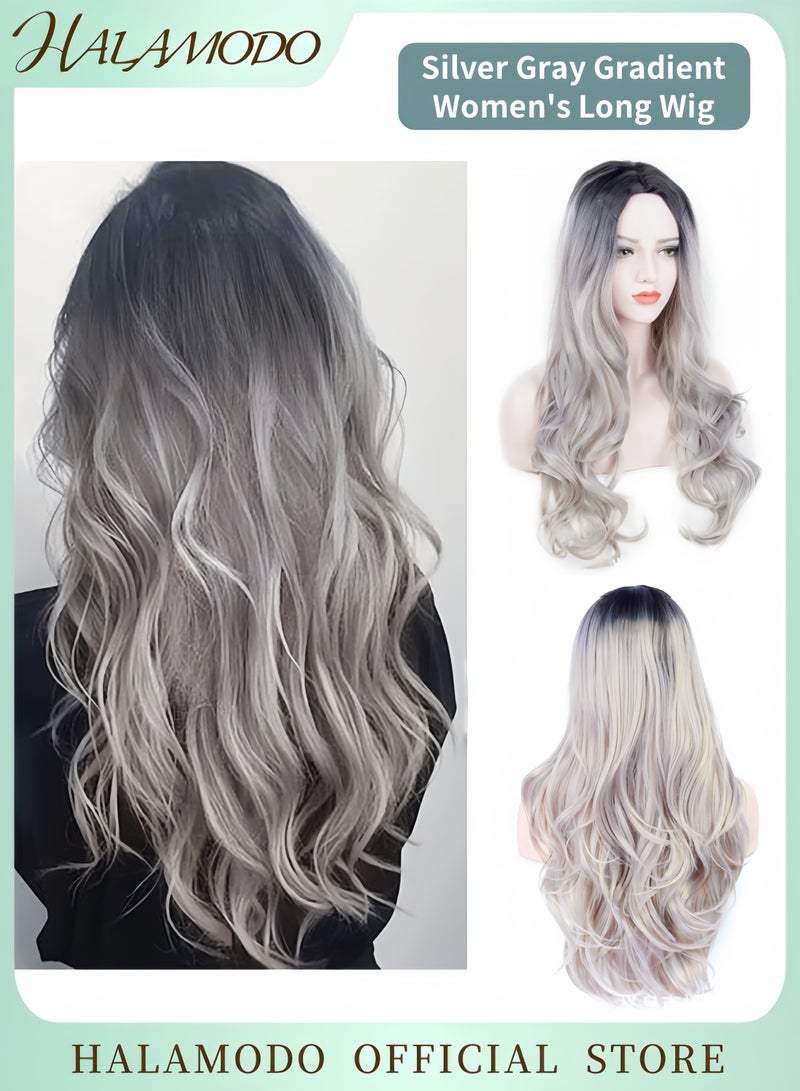 26 Inch Long Silver Grey Wig for Women 150% Density Heat-Resistant Synthetic Wig Adjustable Fit Comfortable and Reusable Natural Curled Hairpiece for Cosplay Parties and Daily Wear - Image 1