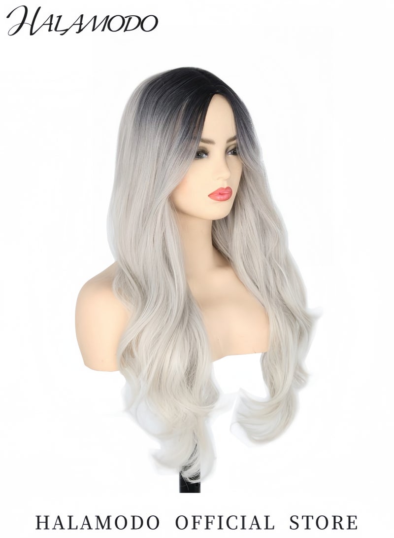 26 Inch Long Silver Grey Wig for Women 150% Density Heat-Resistant Synthetic Wig Adjustable Fit Comfortable and Reusable Natural Curled Hairpiece for Cosplay Parties and Daily Wear - Image 2