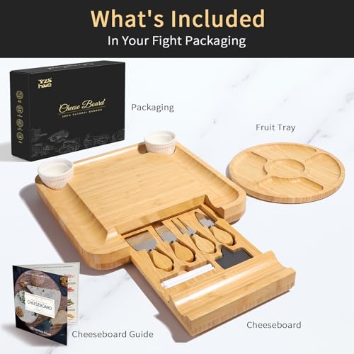 YZS Housm YZS Bamboo Charcuterie Boards Set -Unique Cheese Board with Accessories - Perfect for Housewarming, Weddings, Bridal Showers, Birthday Gifts, Parties, Eco-Friendly & Elegant Design - Image 2