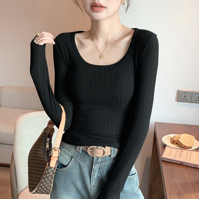 New Large U-Neck T-Shirt Women's Base Layer Long Sleeve Top Low-Cut Slim Fit Spring Style